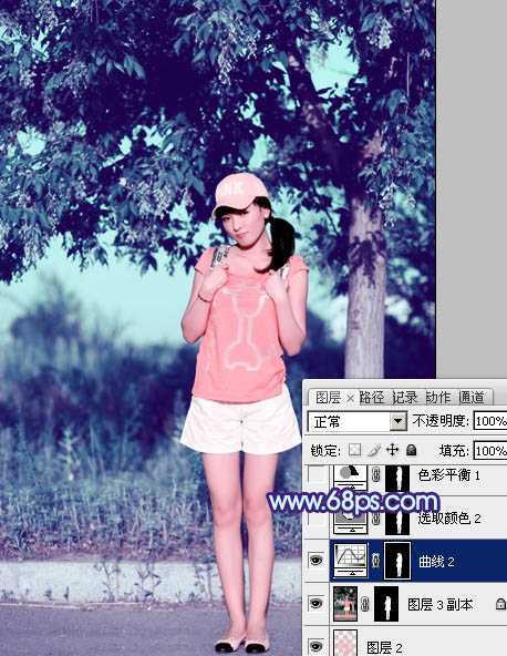 ‘Photoshop为外景美女图片增加上流行的韩系粉蓝色效果‘
