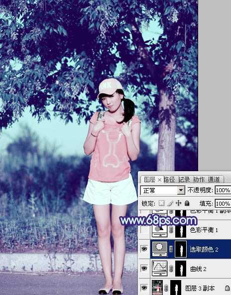 ‘Photoshop为外景美女图片增加上流行的韩系粉蓝色效果‘