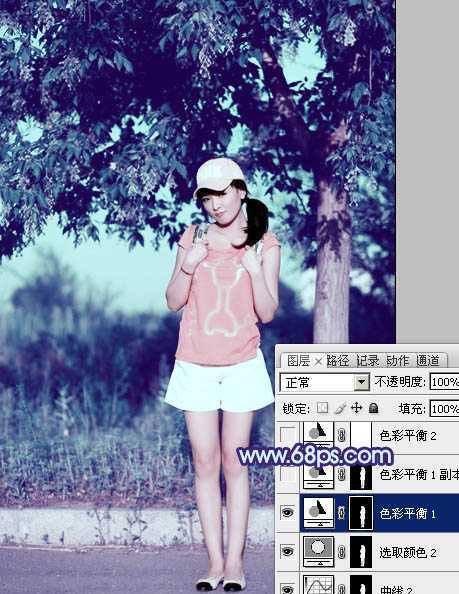 ‘Photoshop为外景美女图片增加上流行的韩系粉蓝色效果‘