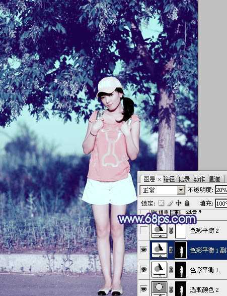 ‘Photoshop为外景美女图片增加上流行的韩系粉蓝色效果‘