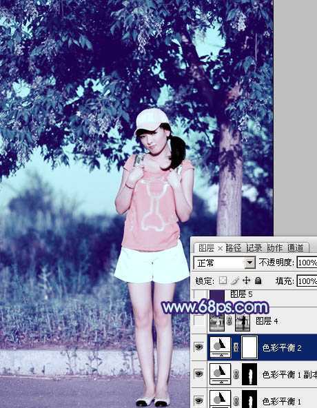 ‘Photoshop为外景美女图片增加上流行的韩系粉蓝色效果‘