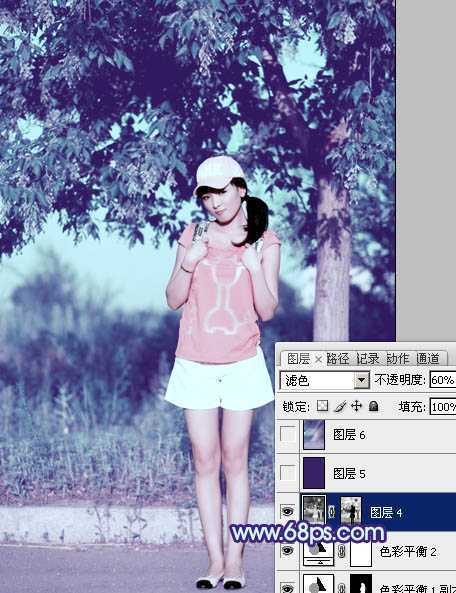‘Photoshop为外景美女图片增加上流行的韩系粉蓝色效果‘