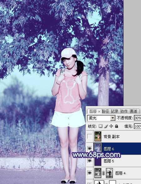 ‘Photoshop为外景美女图片增加上流行的韩系粉蓝色效果‘