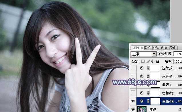 ‘Photoshop为外景美女调出柔美的中性青蓝色‘