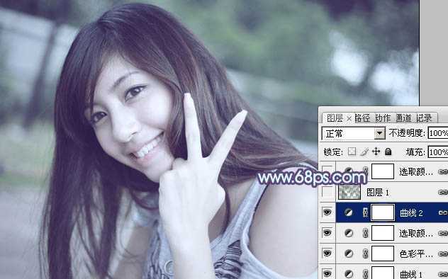 ‘Photoshop为外景美女调出柔美的中性青蓝色‘