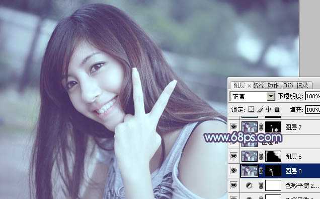‘Photoshop为外景美女调出柔美的中性青蓝色‘