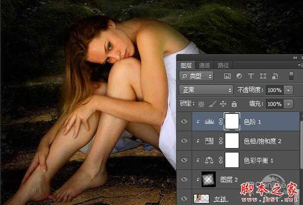 ‘photoshop合成制作黑夜坐在石阶上提灯静坐的美女‘