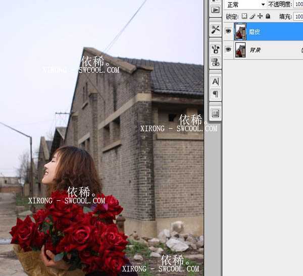 ‘Photoshop为美女图片调制出怀旧蓝黄色古建筑效果‘
