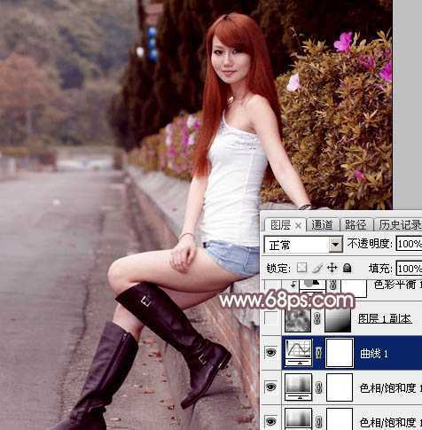 ‘Photoshop打造唯美的秋季红褐色外景美女图片‘