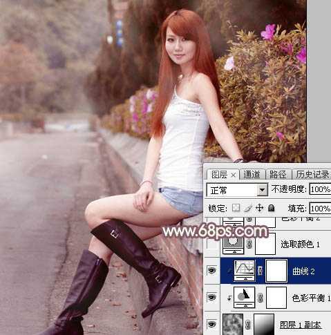 ‘Photoshop打造唯美的秋季红褐色外景美女图片‘