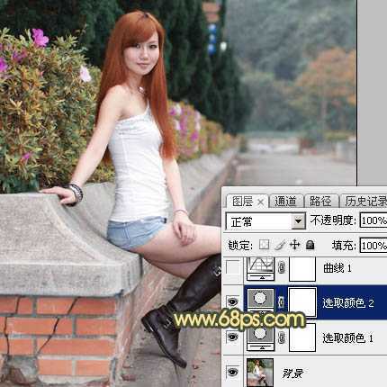 ‘Photoshop为路边的美女加上暗调青黄色霞光色‘