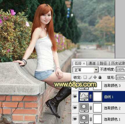 ‘Photoshop为路边的美女加上暗调青黄色霞光色‘