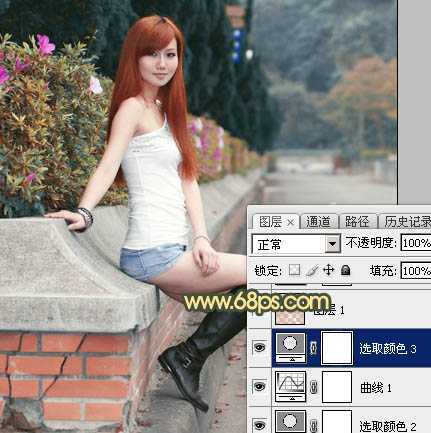 ‘Photoshop为路边的美女加上暗调青黄色霞光色‘