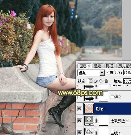 ‘Photoshop为路边的美女加上暗调青黄色霞光色‘