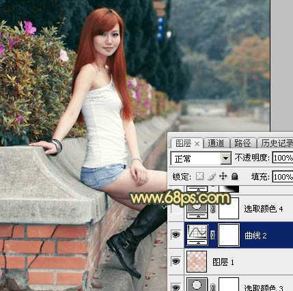 ‘Photoshop为路边的美女加上暗调青黄色霞光色‘