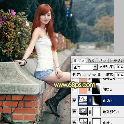 ‘Photoshop为路边的美女加上暗调青黄色霞光色‘