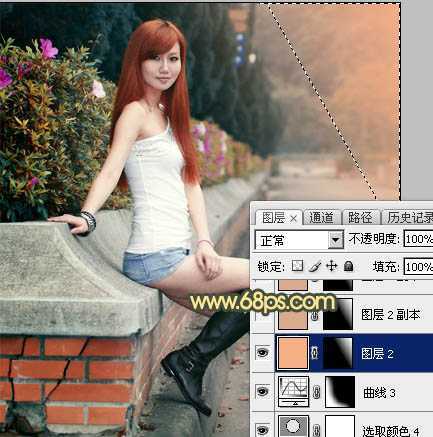 ‘Photoshop为路边的美女加上暗调青黄色霞光色‘