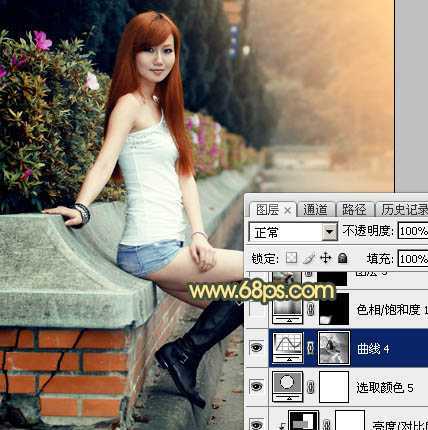 ‘Photoshop为路边的美女加上暗调青黄色霞光色‘