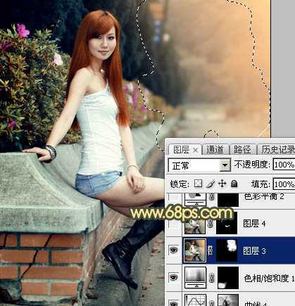 ‘Photoshop为路边的美女加上暗调青黄色霞光色‘