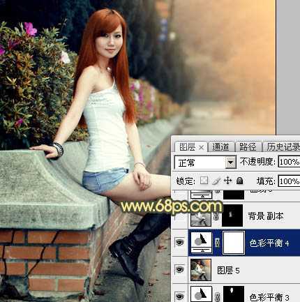 ‘Photoshop为路边的美女加上暗调青黄色霞光色‘