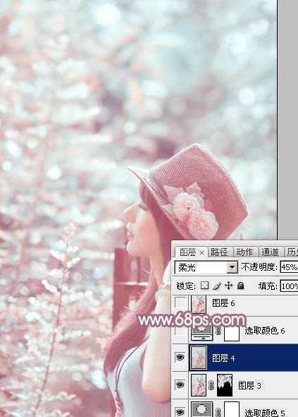 ‘Photoshop为绿树中的美女加上唯美的青红色‘