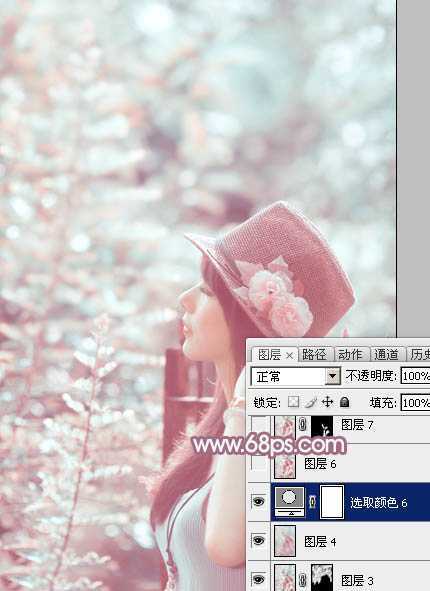 ‘Photoshop为绿树中的美女加上唯美的青红色‘