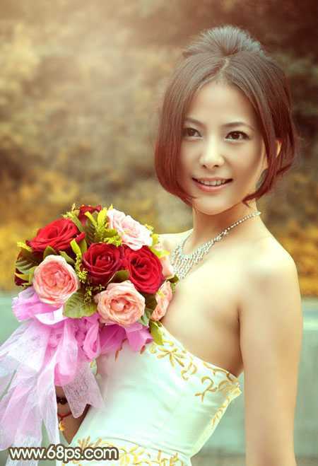 ‘Photoshop将美女婚片调出柔美的秋季黄褐色效果‘