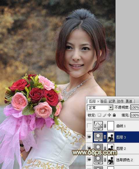 ‘Photoshop将美女婚片调出柔美的秋季黄褐色效果‘