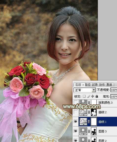 ‘Photoshop将美女婚片调出柔美的秋季黄褐色效果‘