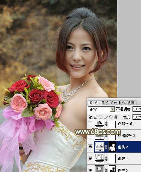 ‘Photoshop将美女婚片调出柔美的秋季黄褐色效果‘