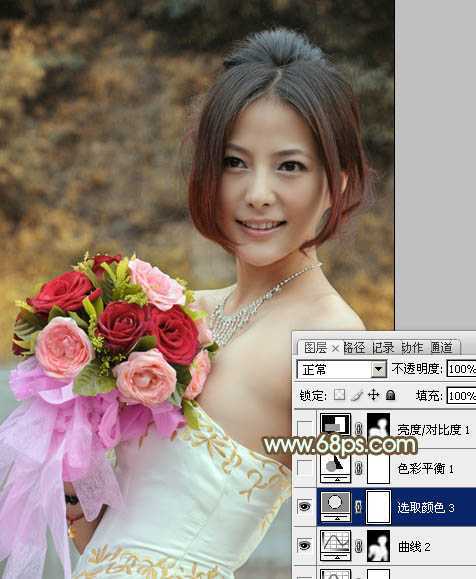 ‘Photoshop将美女婚片调出柔美的秋季黄褐色效果‘