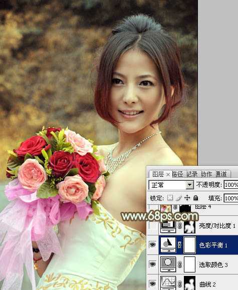 ‘Photoshop将美女婚片调出柔美的秋季黄褐色效果‘