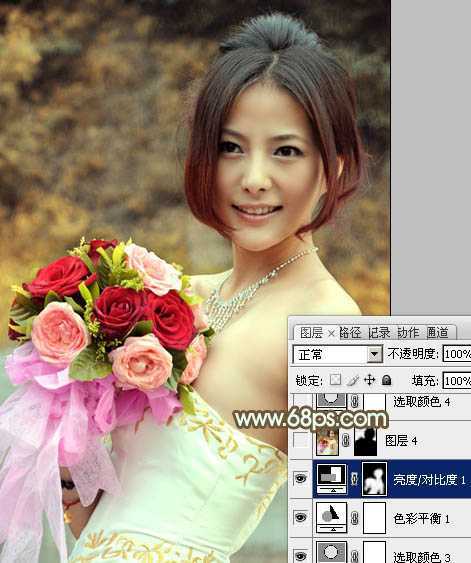 ‘Photoshop将美女婚片调出柔美的秋季黄褐色效果‘