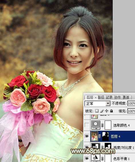 ‘Photoshop将美女婚片调出柔美的秋季黄褐色效果‘