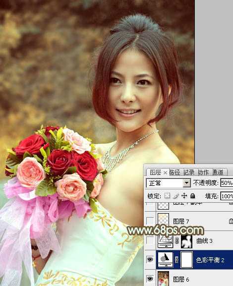 ‘Photoshop将美女婚片调出柔美的秋季黄褐色效果‘