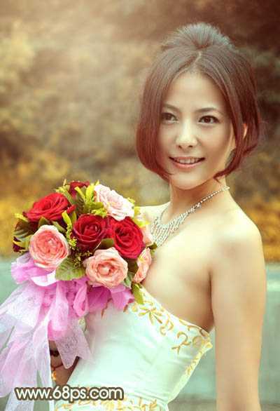‘Photoshop将美女婚片调出柔美的秋季黄褐色效果‘
