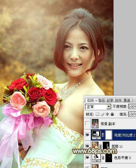‘Photoshop将美女婚片调出柔美的秋季黄褐色效果‘