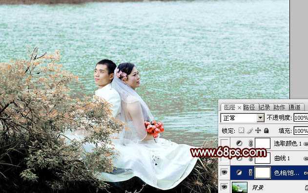‘Photoshop将河景婚片打造出秋天风味的漂亮青黄色‘