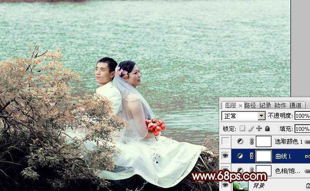‘Photoshop将河景婚片打造出秋天风味的漂亮青黄色‘