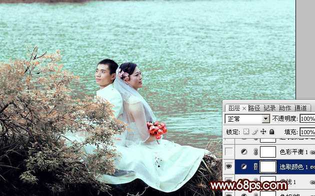 ‘Photoshop将河景婚片打造出秋天风味的漂亮青黄色‘