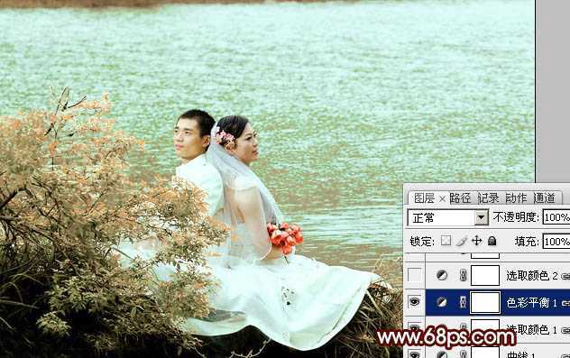 ‘Photoshop将河景婚片打造出秋天风味的漂亮青黄色‘