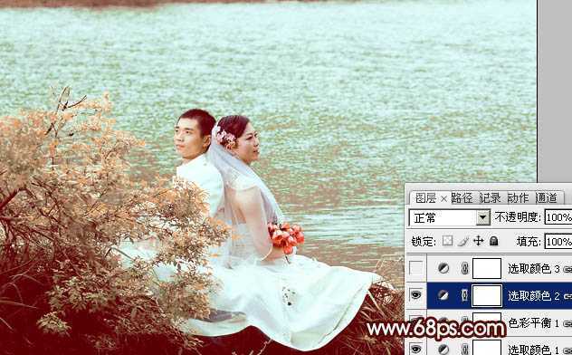 ‘Photoshop将河景婚片打造出秋天风味的漂亮青黄色‘