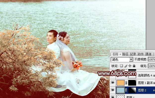 ‘Photoshop将河景婚片打造出秋天风味的漂亮青黄色‘