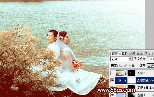 ‘Photoshop将河景婚片打造出秋天风味的漂亮青黄色‘
