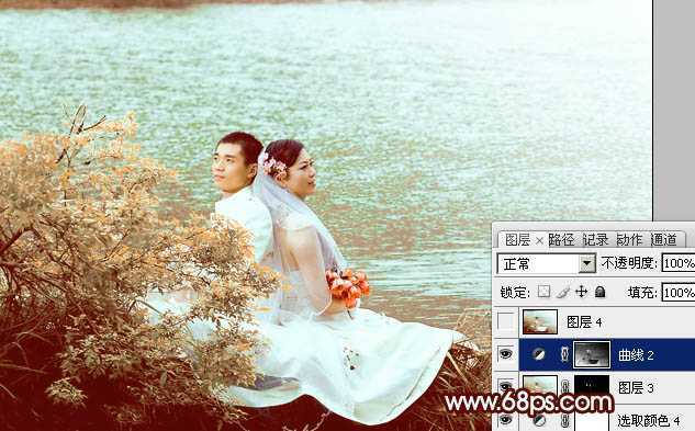 ‘Photoshop将河景婚片打造出秋天风味的漂亮青黄色‘