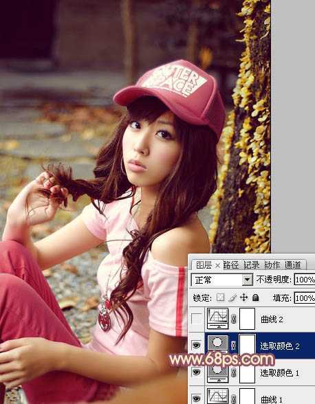 ‘Photoshop将坐地上的美女增加上柔美的古典红褐色‘