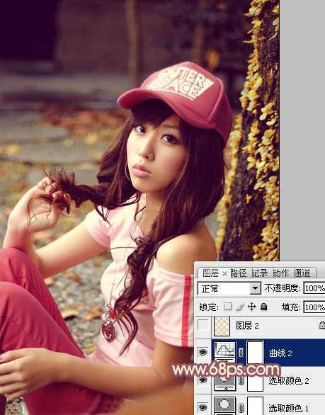 ‘Photoshop将坐地上的美女增加上柔美的古典红褐色‘