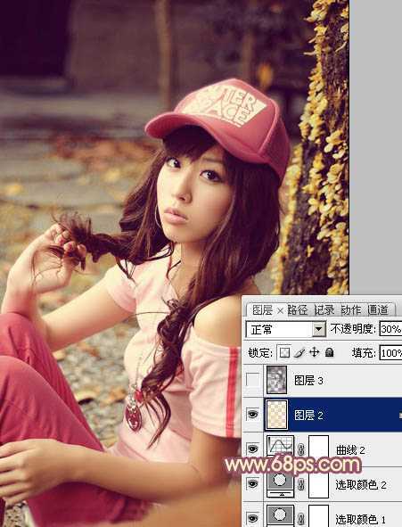 ‘Photoshop将坐地上的美女增加上柔美的古典红褐色‘