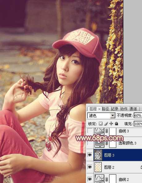 ‘Photoshop将坐地上的美女增加上柔美的古典红褐色‘