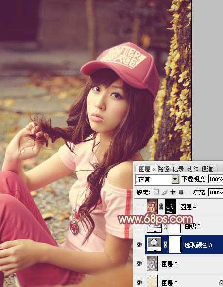 ‘Photoshop将坐地上的美女增加上柔美的古典红褐色‘